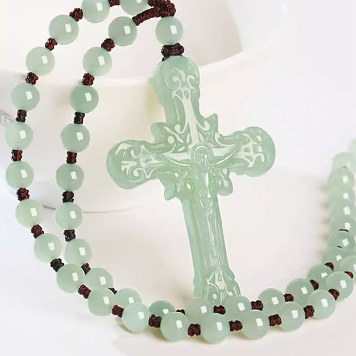 Christian Art Classic Style Hetian Jade Clear Water Material Crucifix Round Bead Necklace