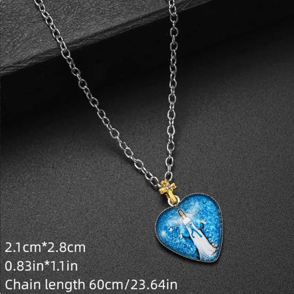 Christianartworkshop Classic Style Heart-shaped Virgin Mary Glass Pendant Necklace