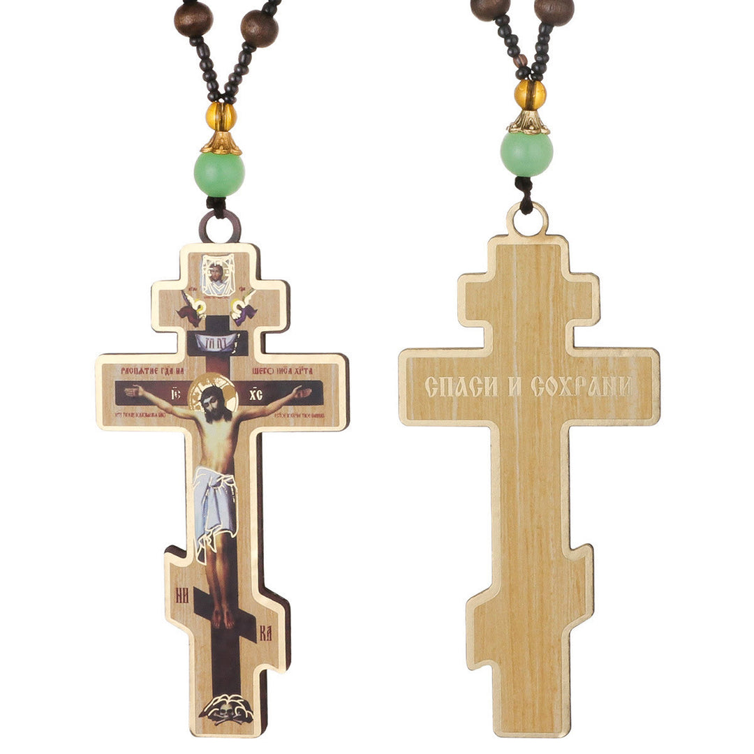 Christian Art Retro Style Orthodox Wooden Beaded Chain Crucifix Praying Necklace