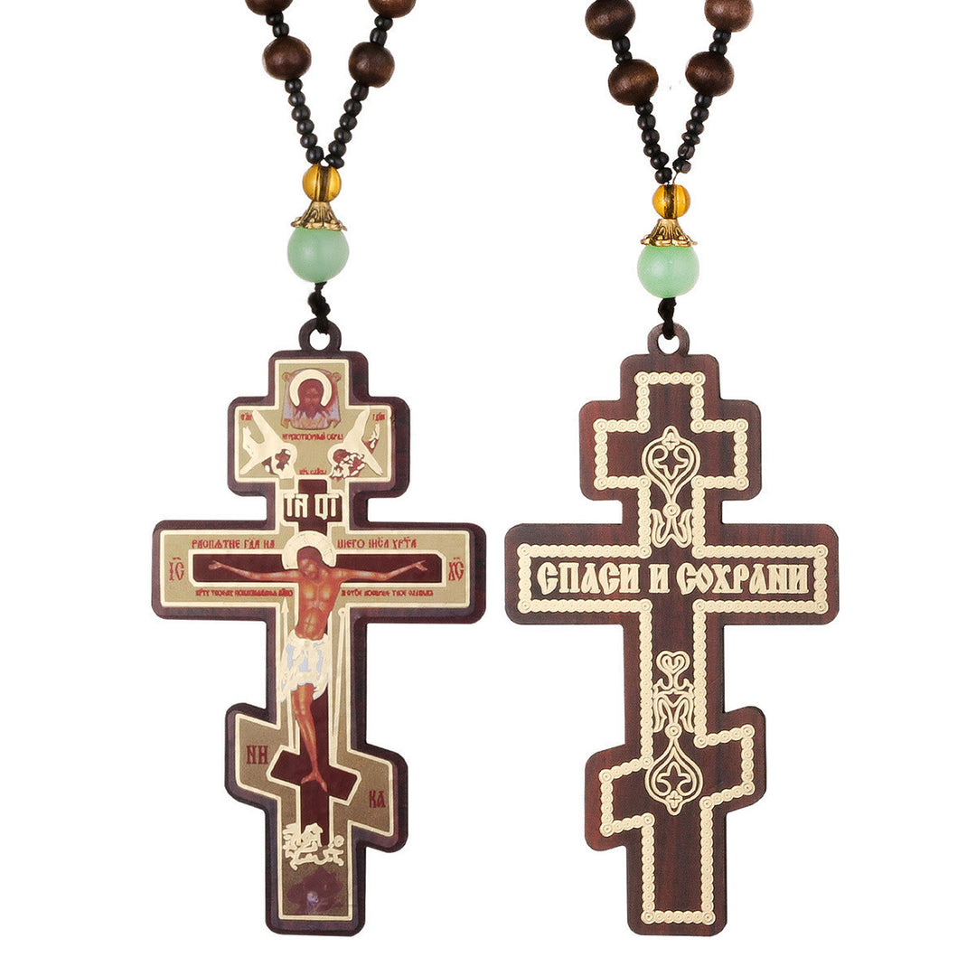 Christian Art Retro Style Orthodox Wooden Beaded Chain Crucifix Praying Necklace