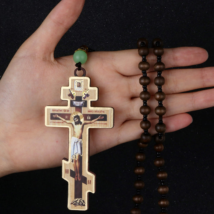 Christian Art Retro Style Orthodox Wooden Beaded Chain Crucifix Praying Necklace