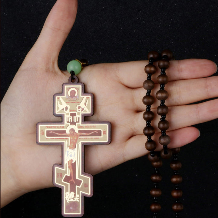 Christian Art Retro Style Orthodox Wooden Beaded Chain Crucifix Praying Necklace