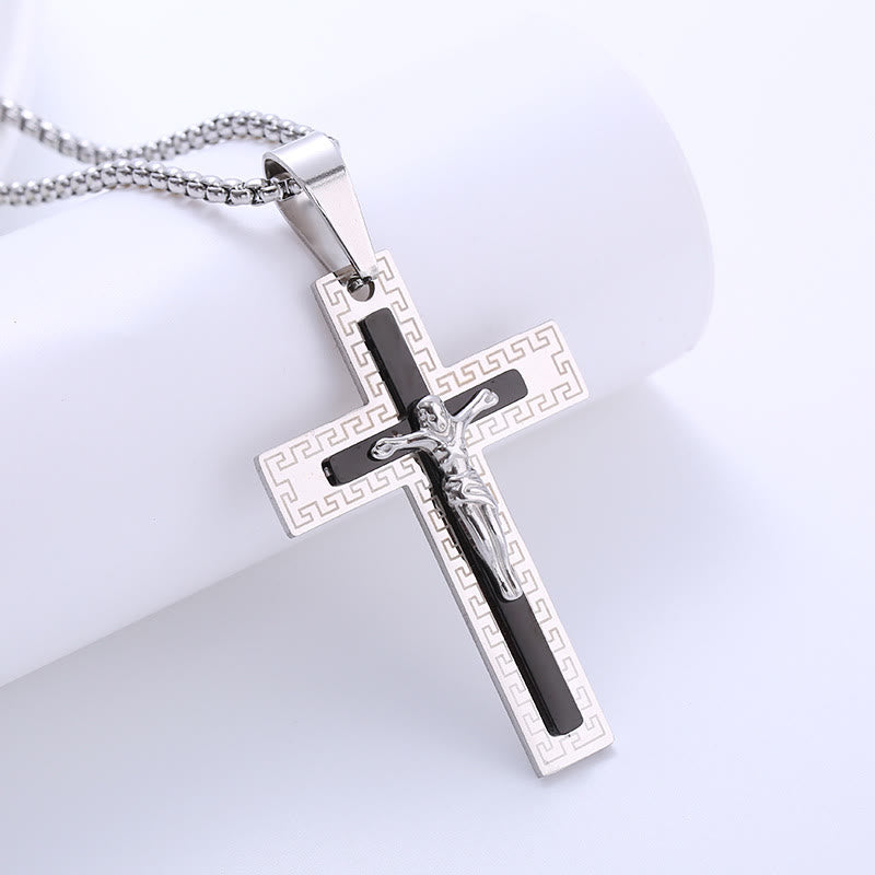 Christianartworkshop Retro Style Triple Layer Crucifix Pendant Titanium Necklace