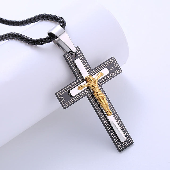 Christianartworkshop Retro Style Triple Layer Crucifix Pendant Titanium Necklace