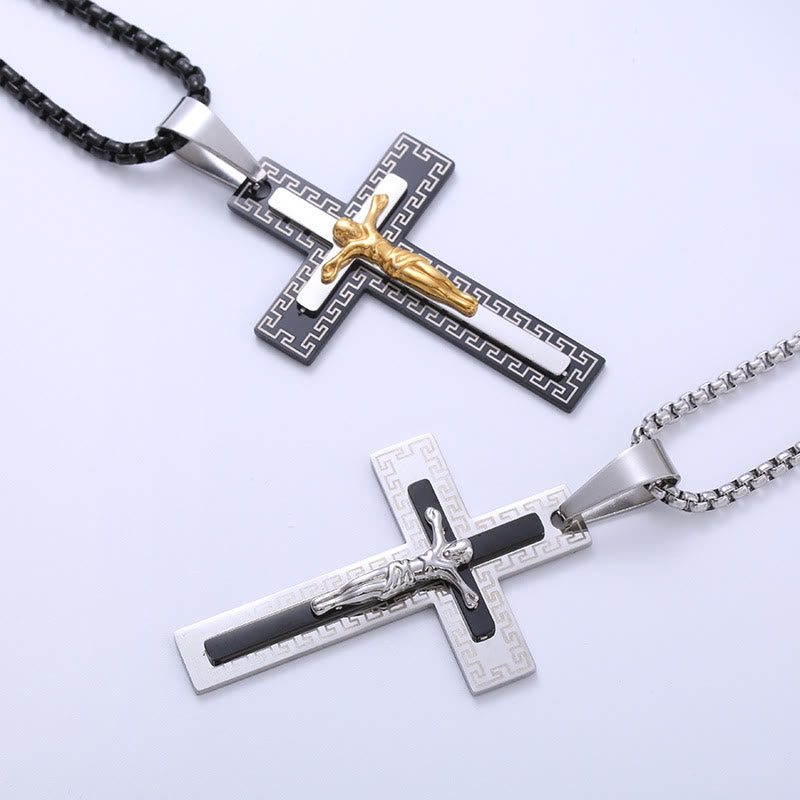 Christian Art Retro Style Triple Layer Crucifix Pendant Titanium Necklace