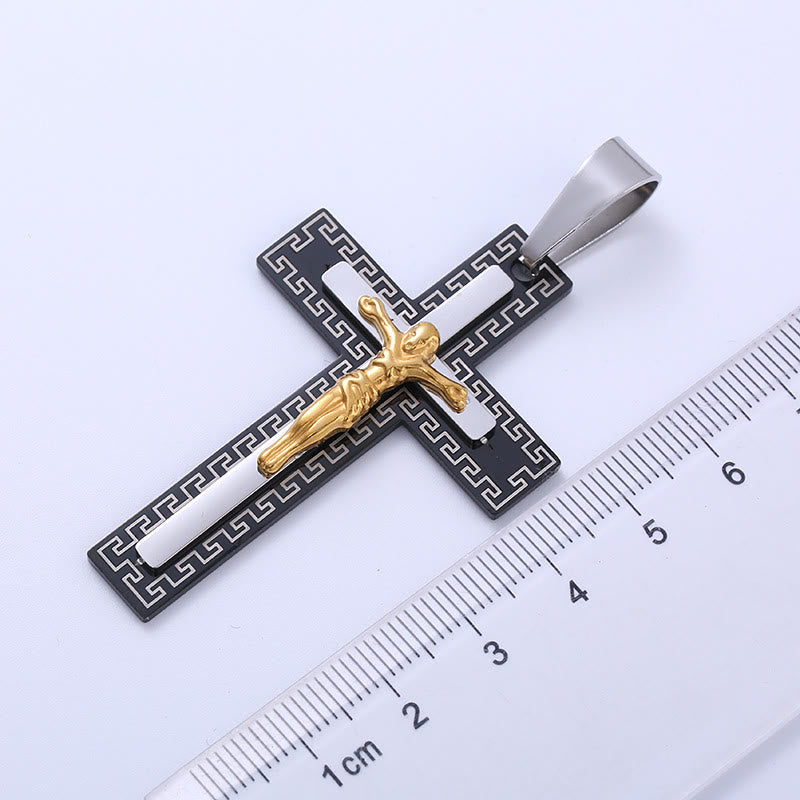 Christianartworkshop Retro Style Triple Layer Crucifix Pendant Titanium Necklace