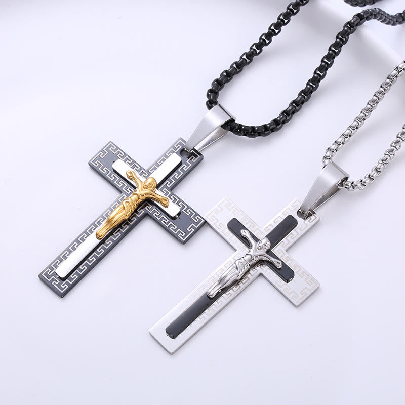 Christianartworkshop Retro Style Triple Layer Crucifix Pendant Titanium Necklace