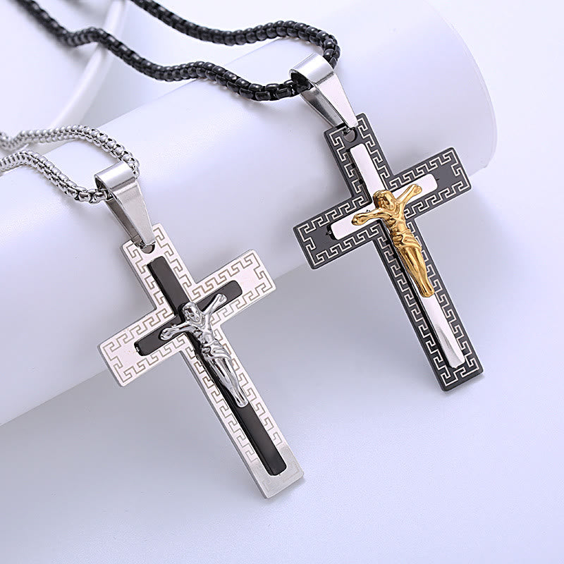 Christianartworkshop Retro Style Triple Layer Crucifix Pendant Titanium Necklace