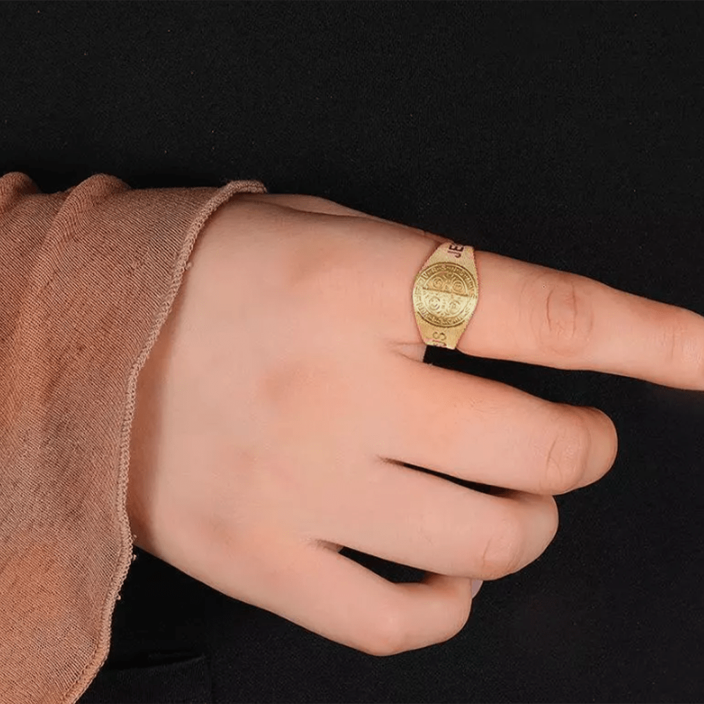 Christianartworkshop Classic Style JESUS St. Benedict Symbol Titanium Adjustable Ring - image 4