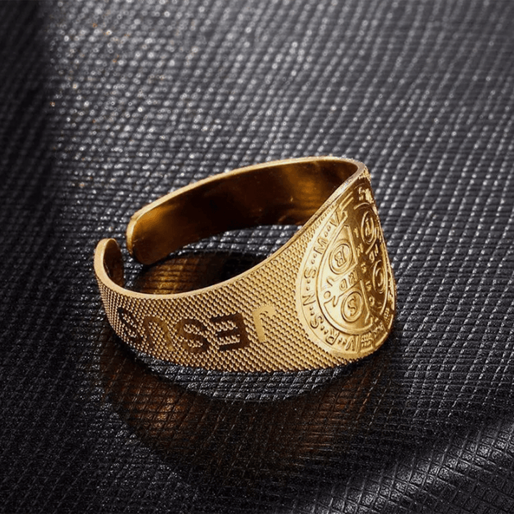 Christianartworkshop Classic Style JESUS St. Benedict Symbol Titanium Adjustable Ring - image 5