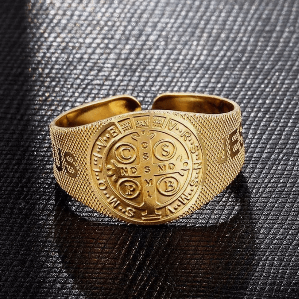 Christianartworkshop Classic Style JESUS St. Benedict Symbol Titanium Adjustable Ring - image 3