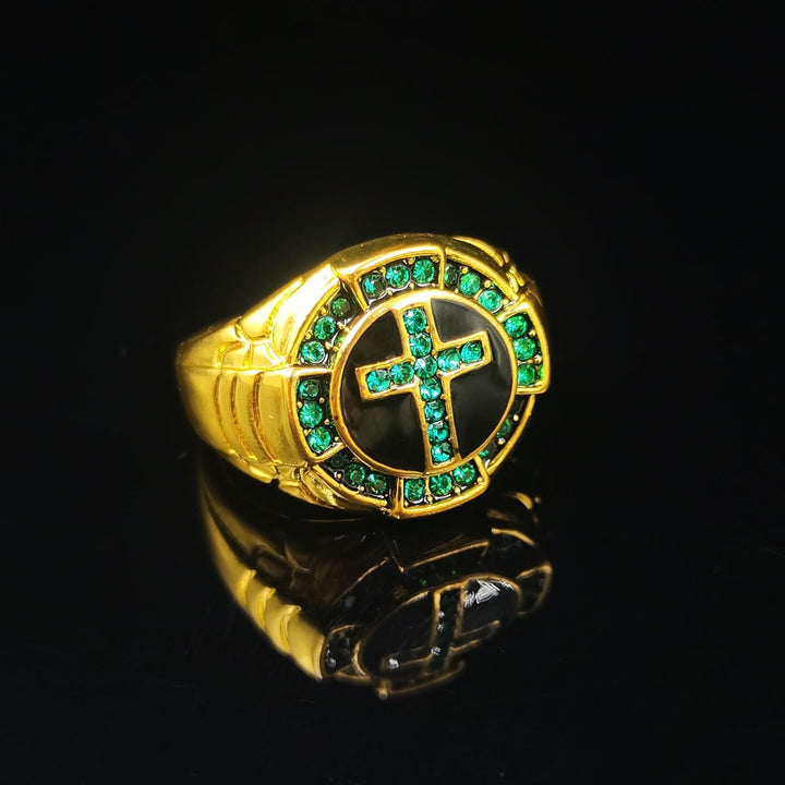 Christianartworkshop Retro Style Green Gemstones Cross Golden Alloy Ring