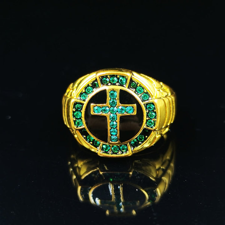 Christianartworkshop Retro Style Green Gemstones Cross Golden Alloy Ring