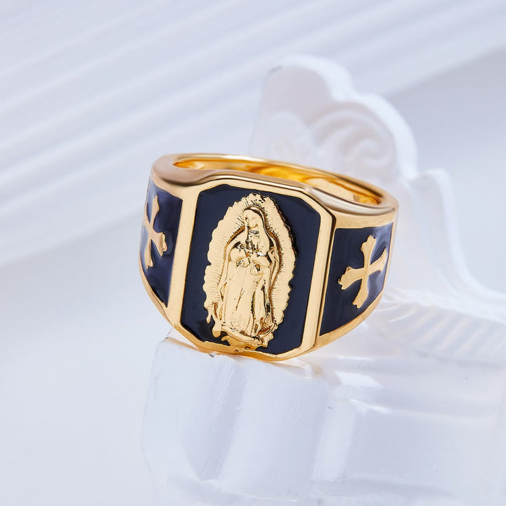 Christianartworkshop Classic Style Our Lady of Guadalupe Cross Black Golden Alloy Ring