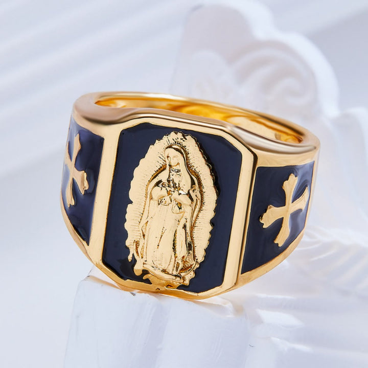 Christianartworkshop Classic Style Our Lady of Guadalupe Cross Black Golden Alloy Ring