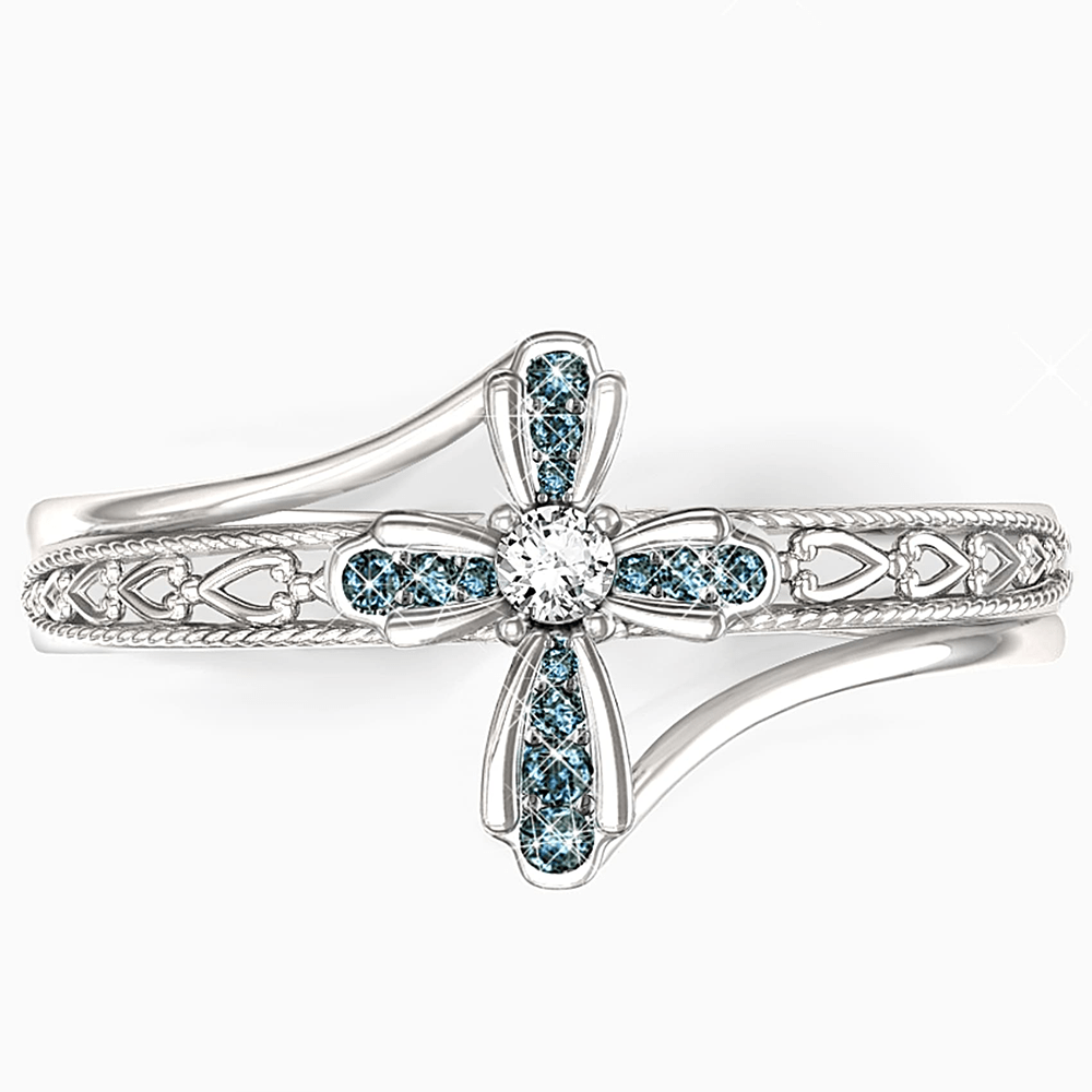 Christian Art Fresh Pastoral Style Cross Flower Gems-set Alloy Ring