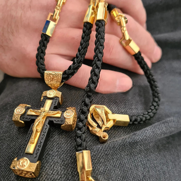 Christianartworkshop Luxury Style Crucifix Jesus Cross Black-gold Alloy Pendant Necklace