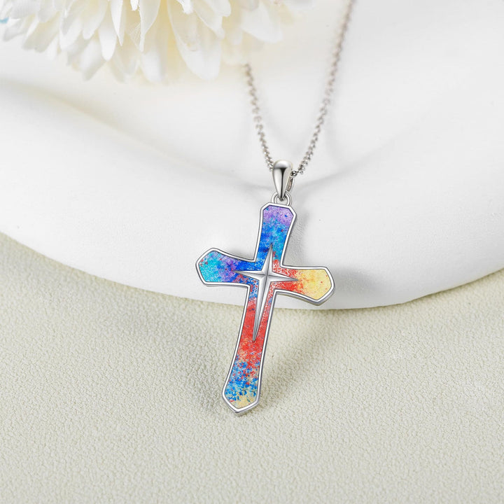 Christian Art Minimalist Style Rainbow Cross Alloy Pendant Necklace