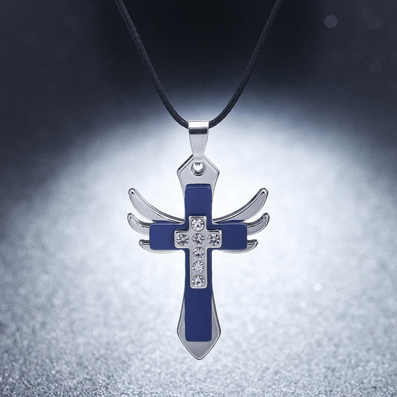 Christianartworkshop Minimalist Style Cross Angel Wings Glossy Rhinestones Pendant Necklace