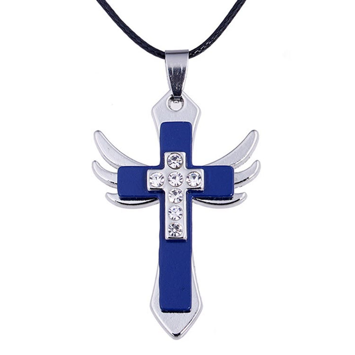 Christianartworkshop Minimalist Style Cross Angel Wings Glossy Rhinestones Pendant Necklace