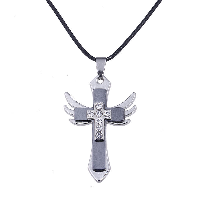 Christian Art Minimalist Style Cross Angel Wings Glossy Rhinestones Pendant Necklace