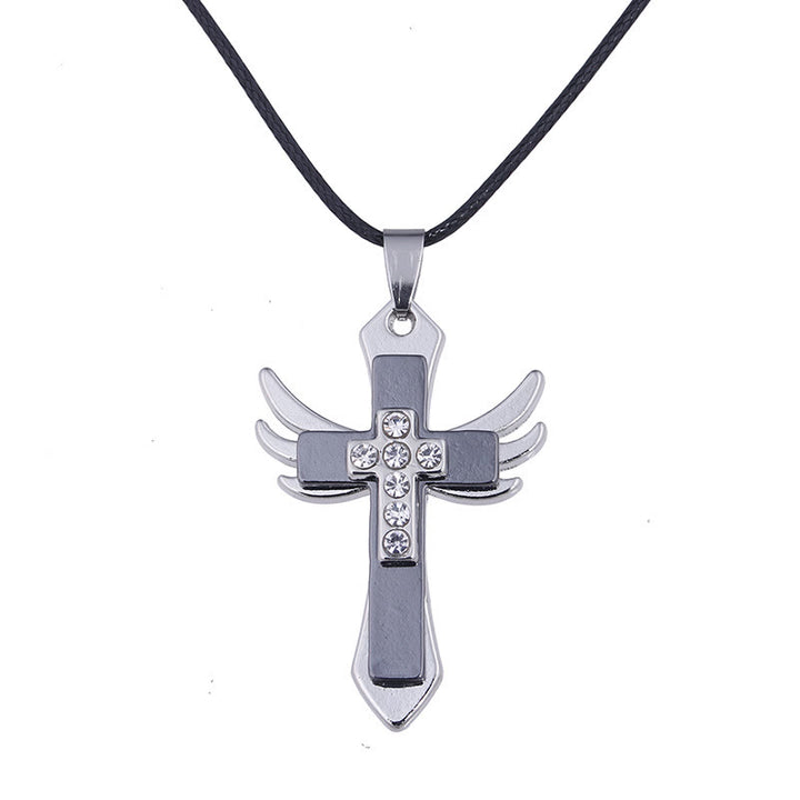 Christian Art Minimalist Style Cross Angel Wings Glossy Rhinestones Pendant Necklace