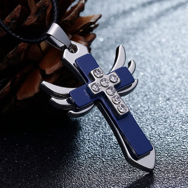 Christian Art Minimalist Style Cross Angel Wings Glossy Rhinestones Pendant Necklace