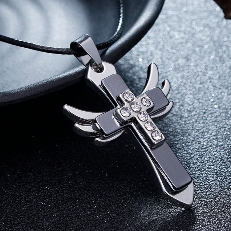 Christian Art Minimalist Style Cross Angel Wings Glossy Rhinestones Pendant Necklace