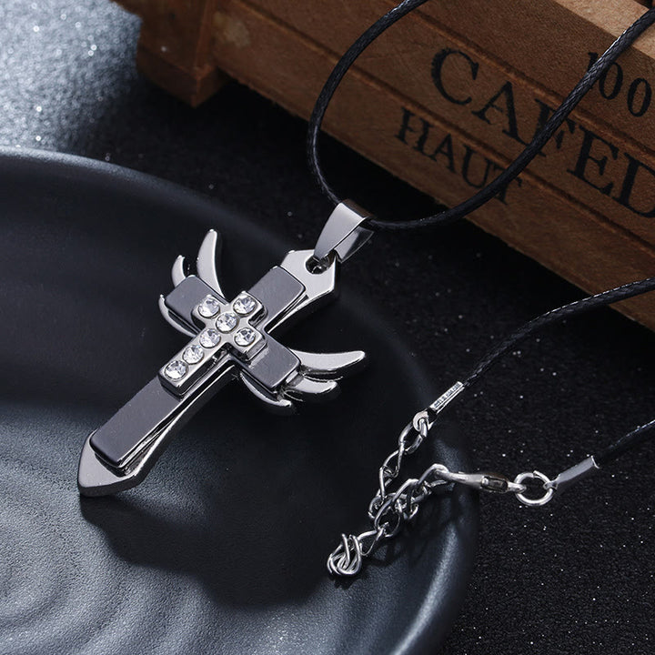 Christianartworkshop Minimalist Style Cross Angel Wings Glossy Rhinestones Pendant Necklace