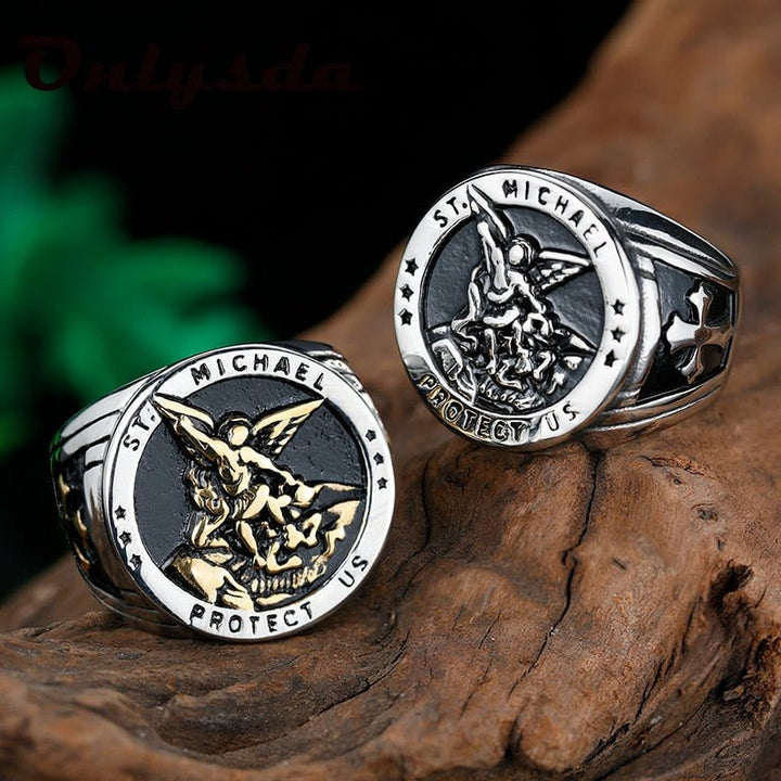 Christianartworkshop Retro Style Archangel Michael Titanium Steel Ring