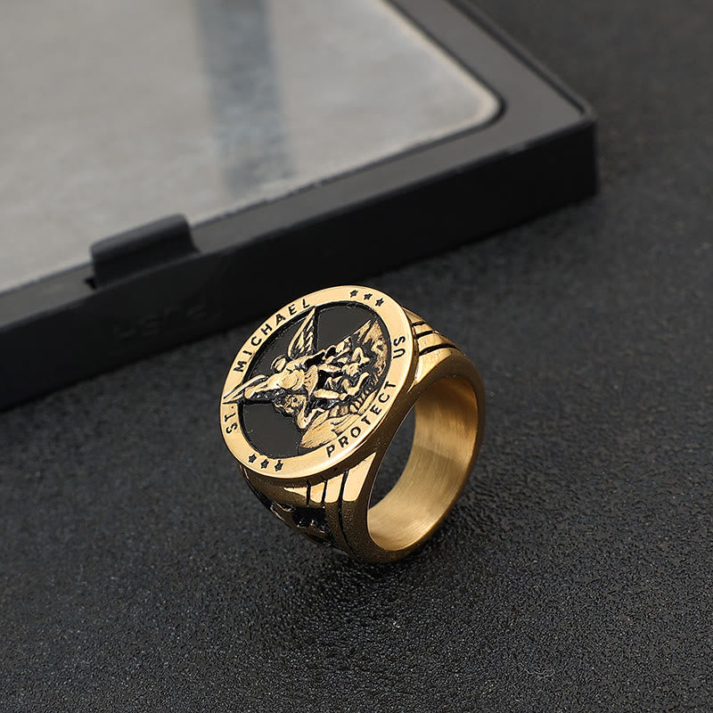 Christianartworkshop Retro Style Archangel Michael Titanium Steel Ring - Golden - US 13 - image 5