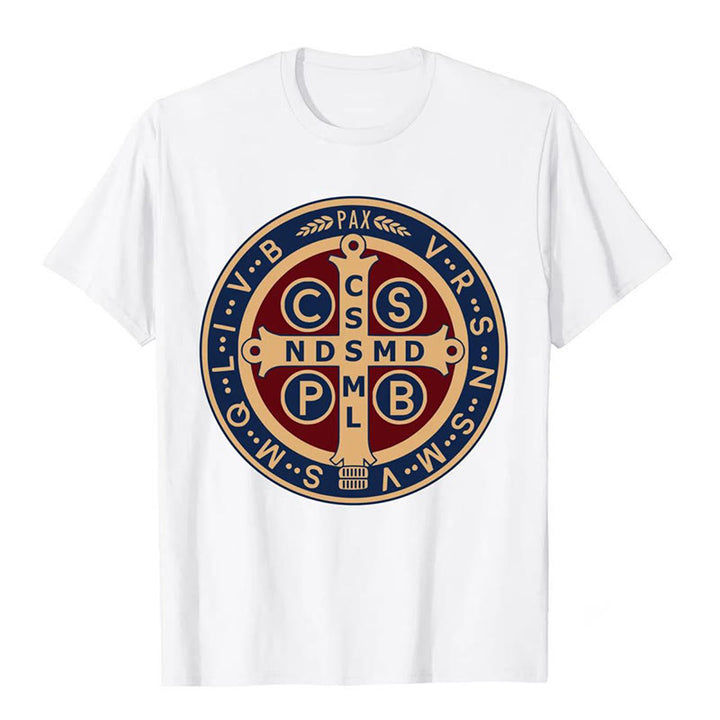 Christianartworkshop Classic Colored Style St. Benedict Protector Icon Short Sleeve Washed T-shirt