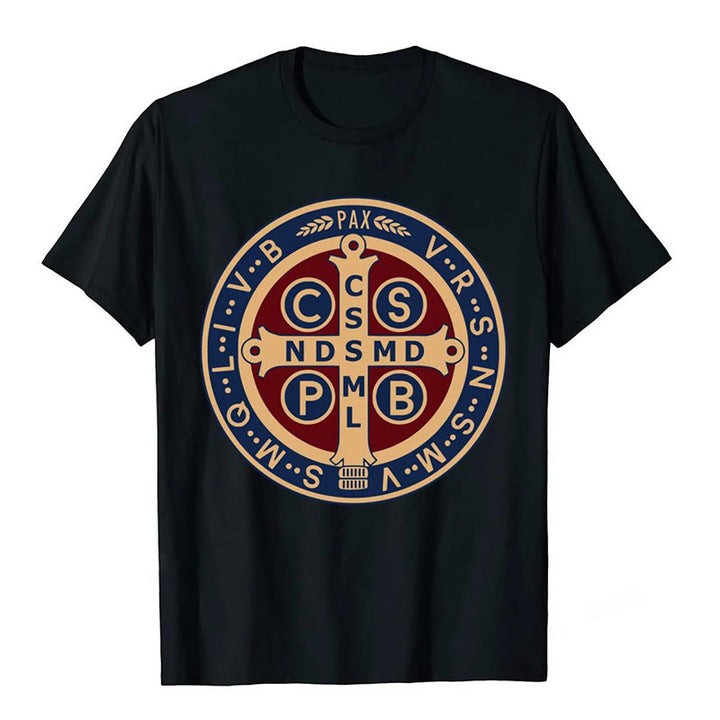 Christianartworkshop Classic Colored Style St. Benedict Protector Icon Short Sleeve Washed T-shirt