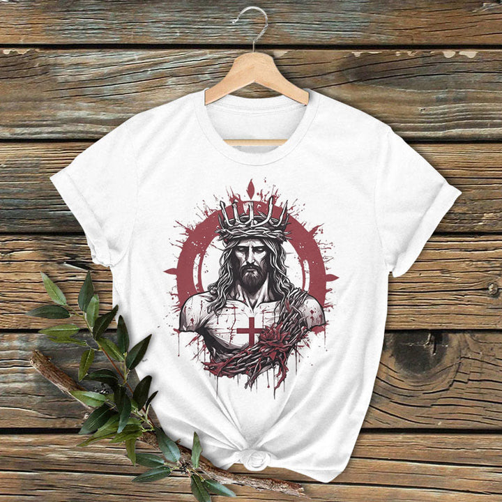 Christianartworkshop Classic Colored Style Crucifixion and Salvation of Jesus Short Sleeve Washed T-shirt