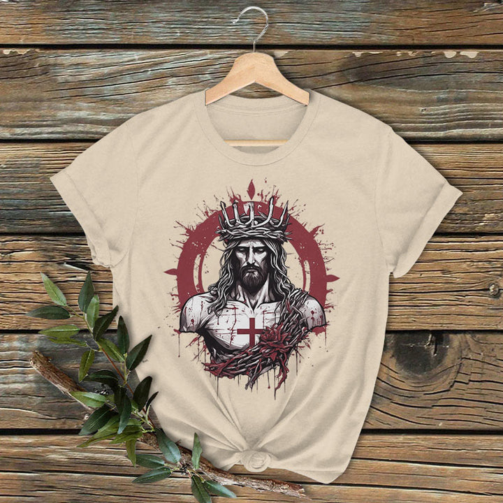 Christianartworkshop Classic Colored Style Crucifixion and Salvation of Jesus Short Sleeve Washed T-shirt