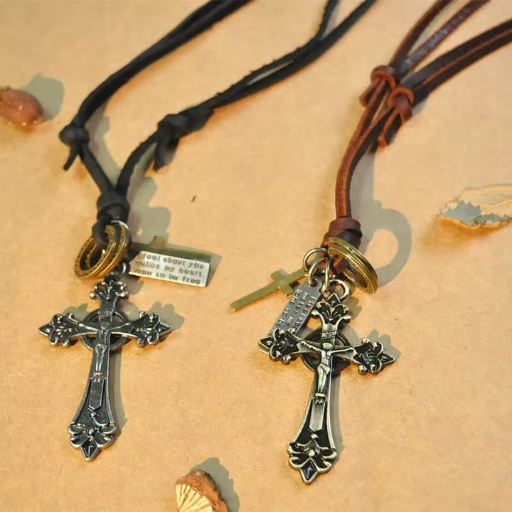 Christian Art Retro Classic Style Crucifix Pendant Leather Rope Necklace