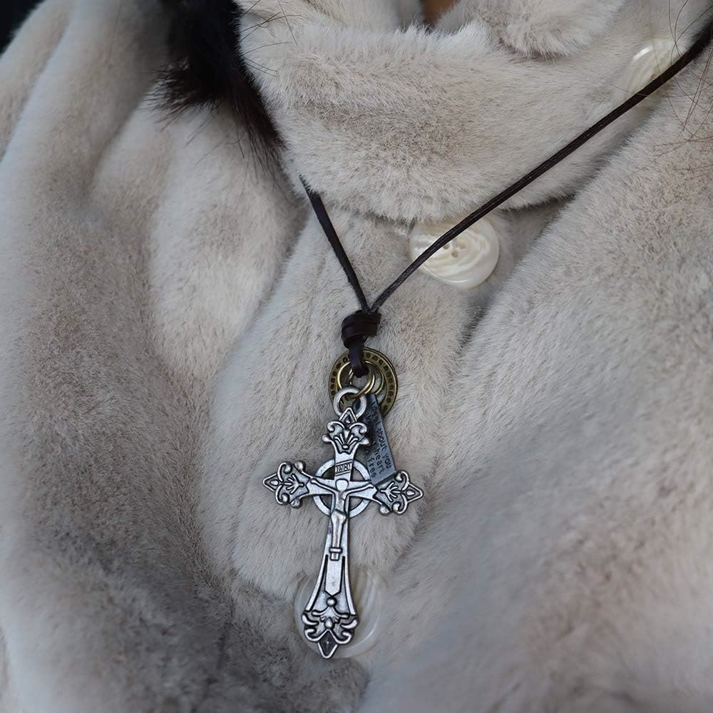 Christianartworkshop Retro Classic Style Crucifix Pendant Leather Rope Necklace