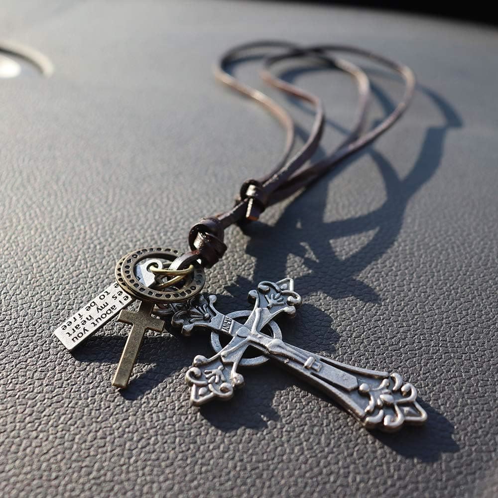 Christian Art Retro Classic Style Crucifix Pendant Leather Rope Necklace