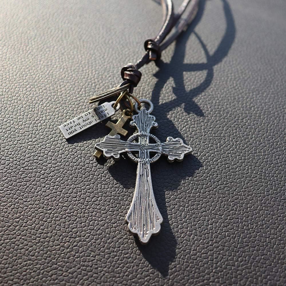 Christian Art Retro Classic Style Crucifix Pendant Leather Rope Necklace