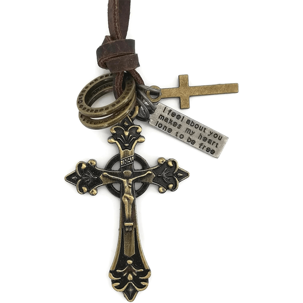 Christian Art Retro Classic Style Crucifix Pendant Leather Rope Necklace