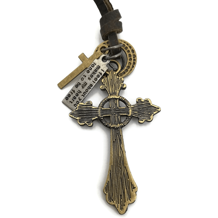 Christian Art Retro Classic Style Crucifix Pendant Leather Rope Necklace