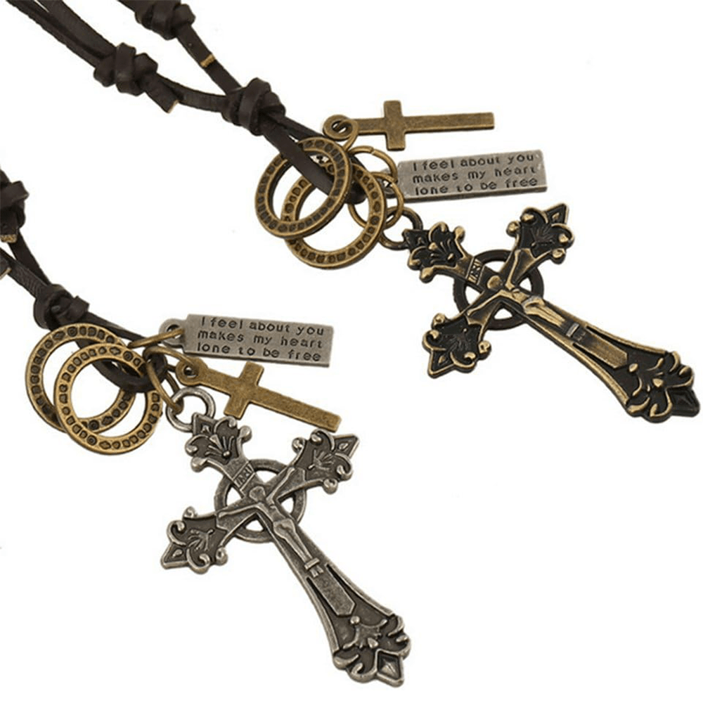 Christian Art Retro Classic Style Crucifix Pendant Leather Rope Necklace