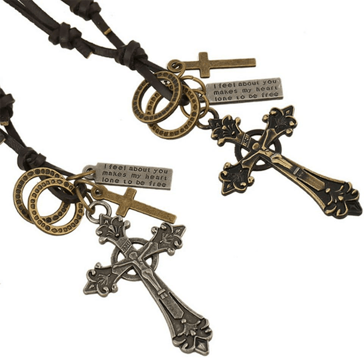 Christianartworkshop Retro Classic Style Crucifix Pendant Leather Rope Necklace