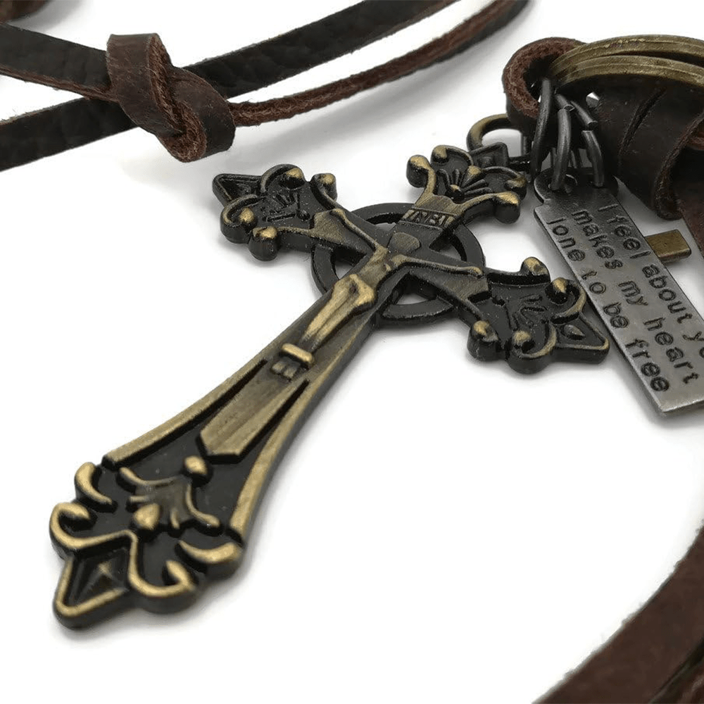 Christian Art Retro Classic Style Crucifix Pendant Leather Rope Necklace