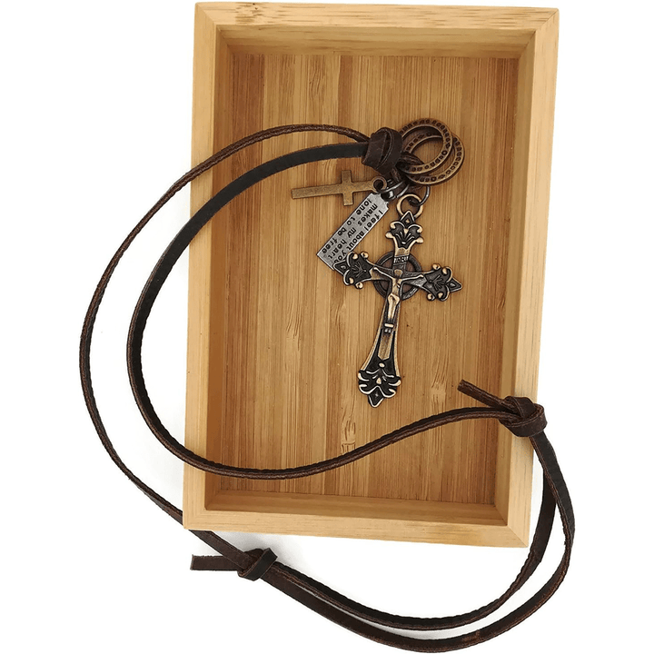 Christian Art Retro Classic Style Crucifix Pendant Leather Rope Necklace