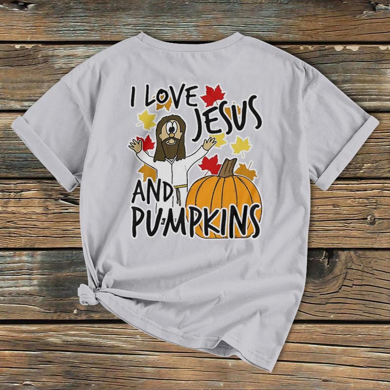 Christianartworkshop Classic Colored Style I Love Jesus And Pumpkins Christian Halloweenvv Short Sleeve Washed T-shirt