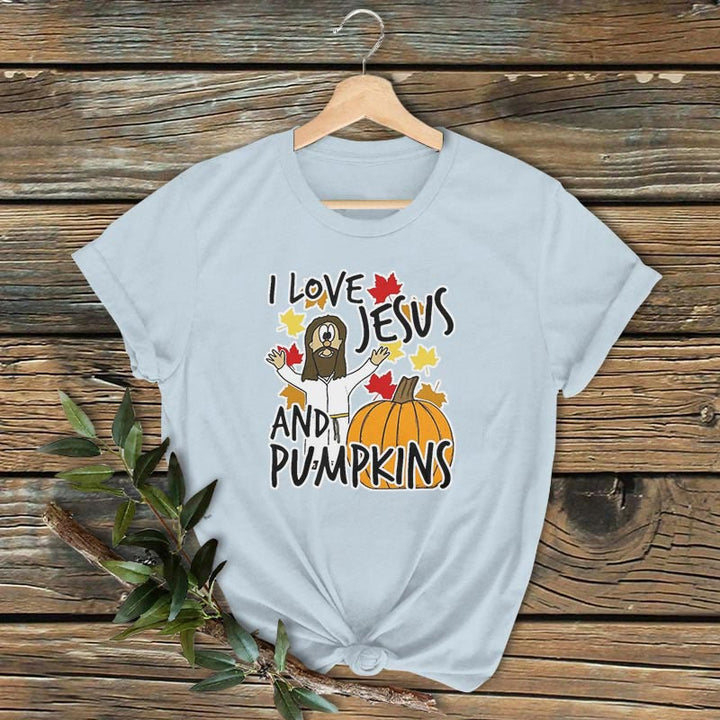 Christianartworkshop Classic Colored Style I Love Jesus And Pumpkins Christian Halloweenvv Short Sleeve Washed T-shirt