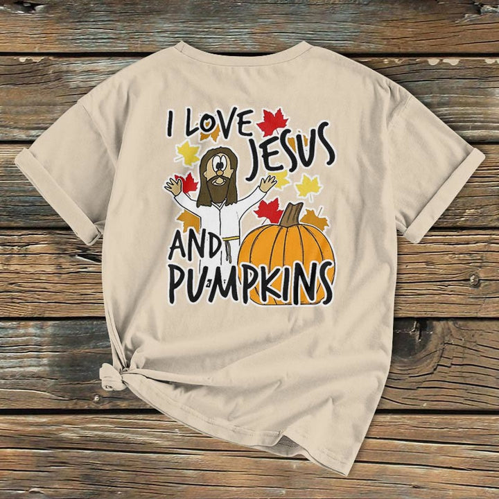 Christianartworkshop Classic Colored Style I Love Jesus And Pumpkins Christian Halloweenvv Short Sleeve Washed T-shirt