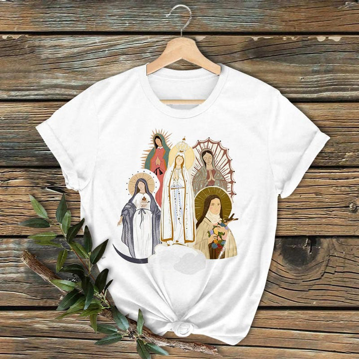 Christianartworkshop Classic Colored Style Virgin Mary Short Sleeve Washed T-shirt