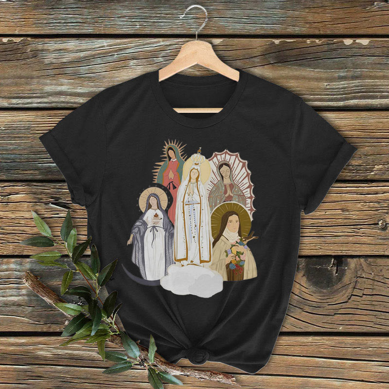 Christianartworkshop Classic Colored Style Virgin Mary Short Sleeve Washed T-shirt